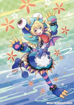 1girl black_pantyhose blonde_hair blue_dress copyright_notice dr._tamago dress fang highres looking_at_viewer medium_hair official_art open_mouth pantyhose peron_(niki2ki884) purple_pantyhose sidelocks skin_fang smile solo striped_clothes striped_pantyhose wixoss yellow_eyes