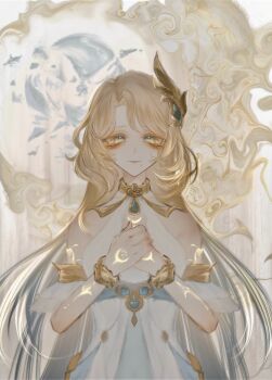 1girl abstract_background aegyo_sal aria_(genshin_impact) arm_tattoo backlighting bare_shoulders blonde_hair body_markings bracelet breasts brooch chest_tattoo closed_mouth colored_eyelashes crescent crescent_tattoo curtained_hair dress genshin_impact glowing glowing_tattoo gold_bracelet green_eyes hakuurei halter_dress halterneck hand_tattoo hands_up headpiece highres jellyfish_cut jewelry light_smile long_hair looking_at_viewer medium_breasts mole mole_under_mouth own_hands_together sleeveless sleeveless_dress solo straight-on tattoo upper_body very_long_hair w_arms white_dress