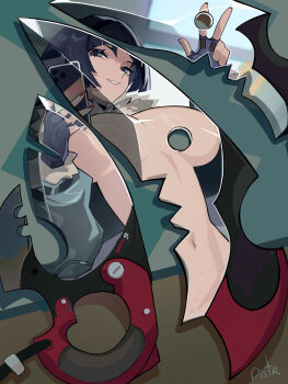 1girl artist_name black_gloves black_hair breasts cellphone derivative_work distr fingerless_gloves fur_trim gloves grey_eyes highres holding holding_phone jane_doe_(zenless_zone_zero) knife large_breasts long_sleeves looking_at_viewer navel paid_reward_available phone photo-referenced red_nails reflection selfie smartphone smile solo stomach topless_female w weapon zenless_zone_zero