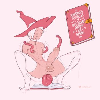 1boy choker closed_eyes english_text full_body hat highres large_penis nipple_penetration original penis penis_tentacle short_hair simple_background summoning tailbox tentacles testicles thighhighs white_background white_choker white_hair white_thighhighs wizard wizard_hat