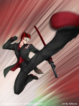 1boy adam_taurus adsouto black_footwear black_gloves black_pants flying_kick gloves highres holding holding_sword holding_weapon horns jacket katana kicking male_focus mask official_art pants red_hair red_shirt rwby sheath sheathed shirt sword weapon wilt_and_blush