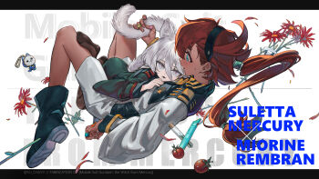 Rule 34 | 2girls, absurdres, animal ears, asticassia school uniform, bandaid, bandaid on finger, bandaid on hand, black boots, black hairband, black pantyhose, blue eyes, boots, cat ears, cat girl, cat tail, character name, ciao churu, commentary request, cool (gundam suisei no majo), flower, green jacket, green shorts, grey eyes, gundam, gundam suisei no majo, hairband, highres, jacket, kemonomimi mode, letterboxed, long hair, miorine rembran, multiple girls, open mouth, pantyhose, pet food, ponytail, red flower, red hair, school uniform, shorts, su xiao jei, suletta mercury, sweat, tail, test tube, thick eyebrows, tomato, white jacket, white shorts, yuri