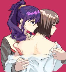 Rule 34 | 2girls, asahina mafuyu, blush, bra, bra strap, brown hair, closed mouth, commentary, deep dig, grey shirt, hands on another&#039;s back, highres, long hair, multiple girls, off shoulder, parted lips, pink bra, ponytail, project sekai, purple hair, red background, sailor collar, shinonome ena, shirt, short hair, simple background, underwear, undressing another, upper body, white sailor collar, white shirt