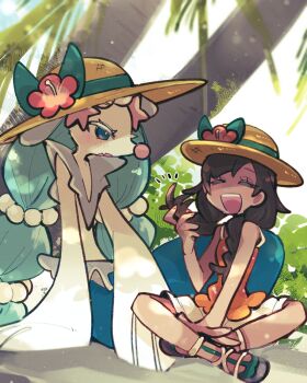 :d :o bad_tag blue_eyes blue_hair blush braid brown_hair brown_hat closed_eyes colored_eyelashes fang flower full_body furry furry_female gem gen_7_pokemon hair_ornament hat hat_flower highres long_hair looking_at_another mermaid monster_girl multi-tied_hair nintendo open_mouth orange_tank_top outdoors palm_tree pearl_(gemstone) pearl_hair_ornament pokemon pokemon_(creature) pokemon_usum primarina red_flower sandals sea_lion selene_(pokemon) shorts sitting skin_fang smile snout sstoh starfish_hair_ornament sun_hat tank_top tree twin_braids white_shorts