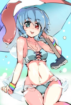 Rule 34 | 1girl, :p, alternate costume, aqua bikini, bikini, blue eyes, blue hair, blush, breasts, cleavage, female focus, heterochromia, karakasa obake, looking at viewer, matching hair/eyes, navel, puuakachan, raincoat, red eyes, revision, see-through clothes, see-through raincoat, short hair, small breasts, smile, solo, sweatband, swimsuit, tatara kogasa, thigh gap, tongue, tongue out, touhou, umbrella, wide hips