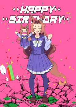 1girl 1other ^_^ animal_ears artist_self-insert birthday bow bowtie brown_footwear brown_hair clenched_hand closed_eyes doradamashi ear_ornament facing_viewer full_body hair_intakes happy_birthday highres horse_ears horse_girl horse_tail kawakami_princess_(umamusume) loafers long_hair long_sleeves open_mouth pink_background pleated_skirt puppet purple_serafuku purple_shirt purple_skirt sailor_collar sailor_shirt school_uniform serafuku shirt shoes simple_background skirt tail tracen_school_uniform umamusume white_bow white_bowtie