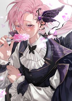 1boy ascot black_jacket blush character_request commentary_request commission copyright_request flower hair_between_eyes hair_ornament highres holding holding_flower jacket long_hair long_sleeves looking_at_viewer male_focus mole mole_under_each_eye mole_under_eye multiple_moles parted_hair pink_eyes pink_flower pink_hair sahi00000 shirt skeb_commission solo upper_body white_ascot white_shirt