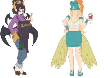 Rule 34 | 2girls, alternate costume, artist name, bare shoulders, bat tattoo, bat wings, black hair, blonde hair, breasts, cheeso art, cleavage, covered eyes, demon, demon girl, demon horns, demon wings, digimon, digimon (creature), eyeshadow, facial mark, forehead mark, forehead tattoo, hair ornament, helmet, helmet over eyes, highres, horns, large breasts, lilithmon, long hair, looking at viewer, makeup, multiple girls, multiple wings, navel, ofanimon, pointy ears, purple eyeshadow, purple lips, short hair, smile, tattoo, wings