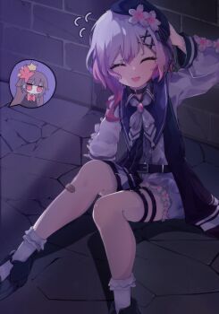 2girls absurdres bandaid bandaid_on_leg belt beret black_belt black_choker black_hat black_shoes bloomers choker fang flower flower_ornament gradient_hair hair_flower hair_ornament hand_on_own_head hat hat_flower highres magical_girl mahou_shoujo_no_majo_saiban multicolored_hair multiple_girls nikaido_hiro on_ground pink_hair sakuraba_ema shirt shoes short_hair sitting skin_fang solo_focus thigh_strap tonno_china underwear white_bloomers white_flower white_hair white_shirt x_hair_ornament