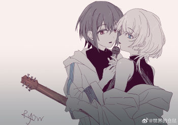 2girls bang_dream! bang_dream!_it's_mygo!!!!! black_shirt blue_eyes chinese_commentary commentary_request electric_guitar grey_hair guitar hand_up heterochromia highres instrument jacket kaname_raana multiple_girls open_mouth ryow_6 shirt short_hair takamatsu_tomori upper_body watermark weibo_watermark white_hair white_jacket yellow_eyes yuri