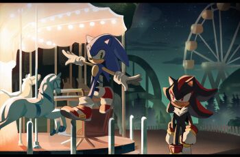 2boys animal_ears carnival carousel ferris_wheel furry furry_male gloves green_eyes hedgehog_boy highres letterboxed male_focus multiple_boys outdoors outstretched_arms red_shoes shadow_the_hedgehog shoes sonic_(series) sonic_the_hedgehog unneul white_gloves