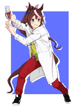 Rule 34 | 1girl, animal ears, belt, black shoes, blue eyes, blush, brown hair, cosplay, full body, grin, highres, horse ears, horse girl, horse tail, houjou emu, houjou emu (cosplay), id card, kamen rider, kamen rider ex-aid (series), kuroneko (kuroneko3zizi), lab coat, legs apart, long sleeves, multicolored hair, pants, ponytail, red pants, rider gashat, shirt, shoes, smile, sneakers, solo, standing, stethoscope, streaked hair, tail, tokai teio (umamusume), umamusume, v-shaped eyebrows, yellow shirt