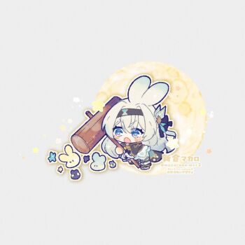 Rule 34 | 1girl, :o, animal ears, black hairband, blue ribbon, blush, firefly (honkai: star rail), full moon, gradient hair, grey hair, hair between eyes, hair intakes, hair ornament, hair ribbon, hairband, hammer, holding, holding hammer, honkai: star rail, honkai (series), long hair, macaroon mcr2, moon, multicolored hair, open mouth, rabbit ears, ribbon, simple background, solo, twitter username, white background