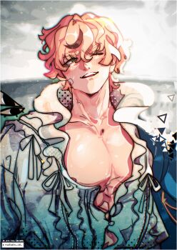 Rule 34 | 1boy, bandaid, bandaid on face, blonde hair, blue eyes, exposed muscle, fate/grand order, fate (series), frilled shirt, frills, gawain (celebratory attire) (fate), gawain (fate), highres, large pectorals, maewenmitzuki, muscular, muscular male, one eye closed, pectorals, shirt, smile, type-moon
