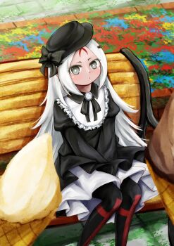 1girl alternate_costume bench between_legs black_bow black_dress black_eyes black_hat black_pantyhose black_ribbon blush bow brooch casual chocolate commentary_request cross cross_print dark-skinned_female dark_skin day dress elisa_(girls'_frontline) facial_mark feet_out_of_frame flower forehead_mark frills girls'_frontline gothic_lolita hair_ornament hat hat_bow highres holding holding_ice_cream_cone ice_cream_cone jewelry logia13laplace lolita_fashion long_hair long_sleeves looking_at_viewer moss neck_ribbon on_bench outdoors pantyhose parted_lips pentagram pov print_pantyhose puffy_long_sleeves puffy_sleeves ribbon sangvis_ferri sitting skirt solo vanilla white_hair white_skirt