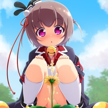 1girl bell black_jacket blush brown_hair commentary_request convenient_censoring flower highres jacket jingle_bell kneehighs kuwada_yuuki loli looking_at_viewer neck_bell open_mouth original outdoors pee peeing purple_eyes short_hair socks solo squatting white_socks yellow_flower