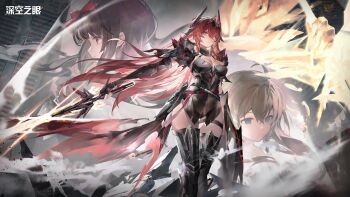 1girl aether_gazer black_dress black_gloves black_thighhighs blue_eyes bow breasts chest_tattoo chinese_commentary chromatic_aberration cleavage closed_mouth commentary_request cowboy_shot dress elbow_gloves fingerless_gloves gloves hair_between_eyes hair_bow hair_ornament hairband heterochromia high-low_skirt highres holding holding_sword holding_weapon large_breasts long_hair looking_at_viewer multiple_views official_art official_wallpaper outstretched_arms red_bow red_hair standing sword tattoo thigh_strap thighhighs thighs verthandi_(aether_gazer) weapon yellow_eyes