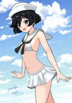 Rule 34 | 1girl, :d, a-pose, adapted costume, armpits, artist name, bare shoulders, bikini, bikini top only, black eyes, black hair, black neckerchief, blue sky, blunt ends, blush, bob cut, breasts, cloud, cloudy sky, commentary, cowboy shot, cumulonimbus cloud, dated, day, dixie cup hat, dutch angle, from side, girls und panzer, girls und panzer motto love love sakusen desu!, gradient sky, green trim, hair between eyes, hat, looking at viewer, looking to the side, lowleg, lowleg skirt, matsui yasutsugu, midriff, military hat, miniskirt, navel, neckerchief, open mouth, outdoors, pleated skirt, raised eyebrows, sailor bikini, sailor collar, short hair, signature, skirt, sky, small breasts, smile, solo, spread fingers, swimsuit, turning head, utsugi yuuki, walking, white bikini, white hat, white sailor collar, white skirt, wind