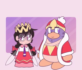 1boy 1girl animated animated_gif bad_id bad_tumblr_id black_hair blush bow coat crown fairy fairy_wings freckles glasses goldie-salmonn hair_bow hat heart holding_hands king_dedede kirby_(series) kirby_64 long_hair nintendo purple_eyes red_bow red_coat ripple_star_queen sleeves_past_fingers sleeves_past_wrists wings