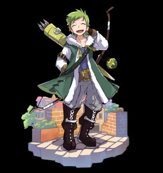 1boy :d ^_^ arm_behind_head arm_belt arm_up belt black_background blue_shirt boots bow_(weapon) brick_wall brown_belt brown_boots brown_gloves building closed_eyes coat collarbone full_body gloves green_coat green_hair highres holding holding_bow_(weapon) holding_weapon house merc_storia merc_storia_art_team official_art open_mouth pants quiver ryan_(merc_storia) shirt short_hair simple_background smile solo standing stone_floor tachi-e teeth tree upper_teeth_only very_short_hair weapon white_pants