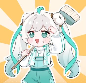 Rule 34 | 1girl, :d, ahoge, aqua eyes, aqua hair, blush stickers, broom, chibi, commentary request, cowboy shot, flower, gradient hair, green eyes, green hair, hair flower, hair ornament, holding, jacket, long hair, long sleeves, multicolored hair, official alternate costume, official alternate hairstyle, open mouth, overalls, pants, quanmian shidai, shirt, smile, solo, streaked hair, sunburst, sunburst background, sweater, twintails, v-shaped eyebrows, very long hair, wen xiaomian, wenxiaomian family, white hair, white jacket, white shirt, white sweater