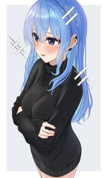 1girl absurdres barbell_piercing black_sweater blue_eyes blue_hair blush breasts commentary_request crossed_arms highres hololive hoshimachi_suisei long_hair medium_breasts mino_(miiiinon611) open_mouth piercing solo standing star_(symbol) star_in_eye straight_hair sweater symbol_in_eye turtleneck turtleneck_sweater very_long_hair virtual_youtuber