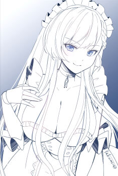 1girl azur_lane belfast_(azur_lane) blush breasts chain cleavage collar collarbone cowboy_shot dress gloves grey_background hair_between_eyes highres large_breasts long_hair looking_at_viewer maid maid_headdress monochrome purple_eyes smile solo takemi_mochi twitter_username very_long_hair