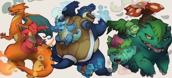 blastoise blue_eyes brown_eyes bulbasaur charizard charmander charmeleon claws commentary english_commentary evolutionary_line fire flame-tipped_tail gen_1_pokemon highres ivysaur leaf nintendo open_mouth pokemon pokemon_(creature) red_eyes simple_background skulldog smoke squirtle starter_pokemon_trio tail tongue tongue_out venusaur wartortle white_background