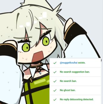1girl animal_ears arknights bare_shoulders cat_ears chibi dress english_text green_dress green_eyes green_hair grey_background kal&#039;tsit_(arknights) long_sleeves meme nervous_sweating nuggetkouhai open_mouth short_hair simple_background solo sweat upper_body