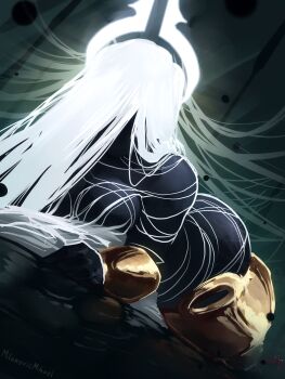 1girl absurdres arthropod_girl black_skin breasts colored_skin commentary english_commentary faceless grand_mother_silk_(hollow_knight) highres hollow_knight hollow_knight:_silksong large_breasts long_hair lying mihael_milanovic no_mouth nude on_stomach solo white_hair