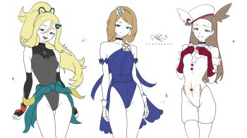 3girls :d absurdres adapted_costume artist_name black_choker black_gloves blonde_hair blue_leotard brown_hair cameltoe choker closed_mouth collarbone commentary elbow_gloves eyelashes fingerless_gloves gloves hair_between_eyes hair_ornament half-closed_eyes hands_up hat highres jasmine_(holiday_2022)_(pokemon) jasmine_(pokemon) korrina_(pokemon) korrina_(sygna_suit)_(pokemon) leotard long_hair multiple_girls nintendo official_alternate_costume one_side_up open_mouth otokakoto pokemon pokemon_masters_ex ponytail red_gloves serena_(champion)_(pokemon) serena_(pokemon) sidelocks smile sparkle split_mouth teeth tilted_headwear upper_teeth_only white_background white_gloves white_hat white_leotard