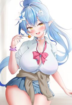 1girl absurdres ahoge alternate_costume blue_hair blue_skirt blush breasts candy choker cleavage elf flower food gyaru hair_flower hair_ornament hairpin heart heart_ahoge highres holding holding_candy holding_food holding_lollipop hololive kogal large_breasts lollipop long_hair looking_at_viewer multicolored_hair o-ring o-ring_choker open_mouth pointy_ears ponytail shirt skirt smile solo streaked_hair very_long_hair virtual_youtuber waniwani_(wasabiwaniwani) white_choker white_shirt yellow_eyes yukihana_lamy