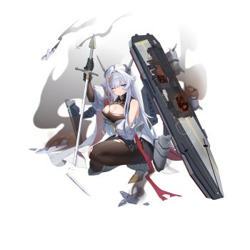 Rule 34 | 1girl, aircraft, airplane, anti-aircraft, anti-aircraft gun, arm under breasts, armored boots, artist request, autocannon, black gloves, black pantyhose, black skirt, blue eyes, bofors 40 mm gun, boots, breasts, bulwark (warship girls r), cannon, cleavage, coat, fighter jet, flight deck, gloves, hawker sea hawk, headgear, highres, holding, holding sword, holding weapon, kneeling, large breasts, military vehicle, official art, one eye closed, pantyhose, rigging, skirt, smoke, solo, sword, torn clothes, torn coat, torn pantyhose, torn skirt, transparent background, warship girls r, weapon, white coat
