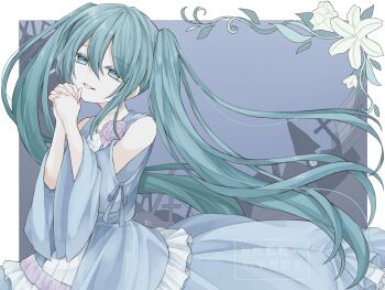 aqua_eyes aqua_hair baggy_clothes bare_shoulders blue_dress building chii1113 clothing_cutout colored_eyelashes cross dress dress_flower dress_ribbon evillious_nendaiki false_smile fisheye flower frilled_dress frills hair_between_eyes half-closed_eyes hatsune_miku highres lily_(flower) long_hair looking_at_viewer margarita_blankenheim nemurase_hime_kara_no_okurimono_(vocaloid) own_hands_clasped own_hands_together pale_skin rose shoulder_cutout signature silhouette smile twintails very_long_hair vocaloid white_flower white_rose wide_sleeves