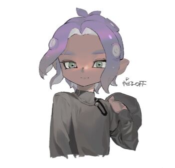 antenna_hair closed_mouth dark-skinned_male dark_skin eyebrow_cut gender_request green_eyes long_sleeves looking_at_viewer nintendo octoling octoling_player_character purple_hair short_hair smile splatoon_(series) splatoon_3 suction_cups tentacle_hair yuuri_snpr