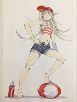 1girl ball bare_arms barefoot baseball_cap beachball bikini black_shorts blonde_hair blue_eyes bottle breasts closed_mouth commentary feet hair_between_eyes hand_on_own_hip hat highres long_hair midriff nail_polish navel open_fly original panties panty_peek peter_salt red_bikini red_hat red_nails short_shorts shorts small_breasts smile soda_bottle solo standing stepping striped_bikini striped_clothes swimsuit tankini toenail_polish toenails traditional_media underwear white_background