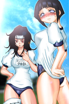 Rule 34 | 2girls, black hair, blush, breasts, buruma, forehead protector, gym uniform, hyuuga hinata, lens flare, long hair, mabahn, multiple girls, naruto (classic), naruto (series), red eyes, short hair, standing, whistle, white eyes, yuuhi kurenai