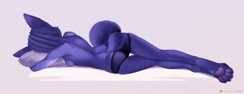 1girl absurdres ancesra animal_ears animal_feet arm_tattoo artist_name ass back barefoot black_panties blue_fur blue_hair body_fur breasts feet female_focus fox_ears fox_girl fox_tail from_behind full_body furry furry_female grey_background highres kneepits krystal legs legs_together lying nintendo on_side panties patreon_logo patreon_username pawpads pillow see-through_clothes short_hair shoulder_blades simple_background skindentation small_breasts solo star_fox tail tattoo topless_female underwear underwear_only watermark web_address
