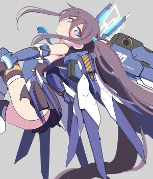 Rule 34 | absurdres, aqua halo, aris (blue archive), aris (mecha suit) (blue archive), ass, black hair, black skirt, blue archive, blue eyes, blue necktie, blush, commentary request, hair between eyes, halo, haruwo0096, highres, hover vehicle, knee up, leotard, long hair, long hair between eyes, looking at viewer, mecha musume, mechanical ears, mechanical legs, mechanical wings, millennium science school logo, multicolored leotard, necktie, one side up, pleated skirt, rectangular halo, skirt, thrusters, very long hair, wings