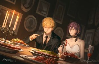 1boy 1girl black_jacket black_suit business_suit chainsaw_man d_ying5022 denji_(chainsaw_man) dinner dress formal_clothes highres jacket necktie reze_(chainsaw_man) suit suit_jacket table