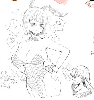 3girls anger_vein animal_ears bare_shoulders blunt_bangs blunt_ends bob_cut braid breasts center-flap_bangs chibi chibi_inset clapping cleavage collarbone commentary_request covered_navel greyscale hasu_no_sora_school_uniform hatching_(texture) highleg highleg_leotard hinoshita_kaho kachimachi_kosuzu kemonomimi_mode large_breasts leotard linear_hatching link!_like!_love_live! love_live! momose_ginko monochrome multiple_girls neckerchief open_mouth paint_chat_(medium) playboy_bunny profile rabbit_ears sailor_collar school_uniform short_hair side_braids simple_background solo_focus spoken_anger_vein strapless strapless_leotard sweat sweatdrop virtual_youtuber white_background winter_uniform wrist_cuffs yaa-kun