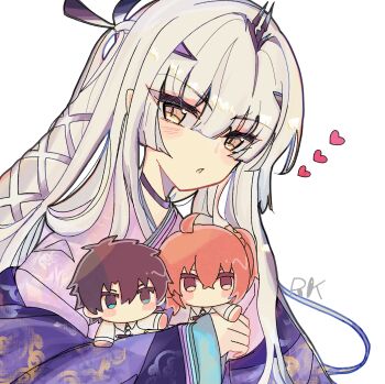 1girl ahoge black_hair blue_eyes blush character_doll choker cloud_print collared_shirt commentary_request doll fate/grand_order fate_(series) fujimaru_ritsuka_(female) fujimaru_ritsuka_(male) grey_hair hair_between_eyes hair_ornament hand_up haori headgear heart highres holding holding_doll japanese_clothes kimono long_hair long_sleeves looking_at_viewer melusine_(dream_portrait)_(fate) melusine_(fate) official_alternate_costume open_clothes open_mouth orange_eyes orange_hair pink_kimono purple_choker purple_haori rkwx777 shirt short_hair side_ponytail sidelocks simple_background solo upper_body white_background white_shirt wide_sleeves x_hair_ornament