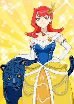 1girl animal_ear_piercing animalization bird_hair_ornament blue_fur brooch closed_mouth commentary_request dress earrings elbow_gloves fangs gloves gown hair_ornament hand_on_animal hand_on_own_hip highres jaguar jaguar_vulcan jewelry medium_hair necklace off-shoulder_dress off_shoulder open_mouth original personification princess red_hair smile solo sparkle spotted_fur super_sentai taiyou_sentai_sun_vulcan ueyama_michirou white_gloves yellow_background yellow_eyes