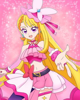 1girl :d absurdres artist_name bare_shoulders belt black_belt blonde_hair bow bow_skirt braid braided_bangs bridal_gauntlets brooch butterfly_background butterfly_earrings butterfly_hat_ornament commentary cowboy_shot crop_top cure_butterfly dot_nose earrings fingernails frills hat hat_ornament highres hijiri_ageha hirogaru_sky!_precure inward_w jewelry legs_apart long_hair looking_at_viewer magical_girl meru_(mer_milky77) microskirt midriff mob_cap multicolored_hair nail_polish navel open_mouth orange_hair pantyhose pink_background pink_bridal_gauntlets pink_hat pink_nails pink_skirt pink_theme pink_wrist_cuffs precure purple_eyes purple_pantyhose red_bow showgirl_skirt single_leg_pantyhose skirt sky sleeveless smile solo sparkle sparkle_background standing teeth thigh_strap tilted_headwear twitter_username two-tone_hair upper_teeth_only very_long_hair wing_brooch wrist_cuffs