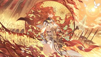 1girl absurdres ancient_greek_clothes arm_armor armor augusta_(wuthering_waves) breastplate breasts chinese_commentary clenched_hand closed_mouth commentary_request dress earrings from_side greatsword greco-roman_clothes headgear highres holding holding_sword holding_weapon jewelry medium_breasts orange_eyes orange_hair orange_theme profile sagi_(sagi_0116) sideways_glance solo sun_earrings sword weapon white_dress wuthering_waves