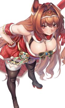 1girl absurdres animal_ears antenna_hair bare_shoulders black_boots blush boots breasts cleavage closed_mouth commentary_request daiwa_scarlet_(scarlet_nuit_etoile)_(umamusume) daiwa_scarlet_(umamusume) dress ear_covers fang fur-trimmed_dress fur_armlet fur_trim gloves hair_between_eyes hair_intakes hand_on_own_hip highres horse_ears horse_girl horse_tail large_breasts leaning_forward long_hair looking_at_viewer official_alternate_costume official_alternate_hairstyle plaid_clothes plaid_dress plaid_sleeves red_dress red_gloves santa_costume santa_dress simple_background single_ear_cover skin_fang smile solo tail thigh_boots thighs tiara umamusume utsuke_(u_tuk_e) white_background