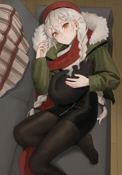 Rule 34 | 1girl, absurdres, animal, black cat, black pantyhose, black skirt, braid, braided bangs, cat, closed mouth, commission, couch, from above, fur-trimmed hood, fur trim, gepard m1 (girls' frontline), girls' frontline, green jacket, hair between eyes, hair ornament, hairclip, highres, holding, holding animal, holding cat, hood, hooded jacket, jacket, kir (khw66136132), long hair, looking at viewer, lying, no shoes, on couch, open clothes, open jacket, pantyhose, pencil skirt, pixiv commission, plaid, red headwear, red scarf, scarf, skirt, solo, twintails, white hair, yellow eyes