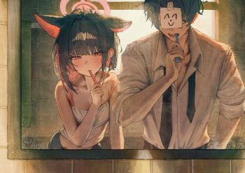 1boy 1girl animal_ears betabeet black_hair black_necktie blue_archive cat_ears colored_inner_hair commentary doodle_sensei_(blue_archive) english_commentary halo highres holding holding_toothbrush kazusa_(blue_archive) long_hair looking_at_viewer multicolored_hair necktie pink_hair pink_halo red_eyes sensei_(blue_archive) shirt short_hair toothbrush toothbrush_in_mouth two-tone_hair white_shirt