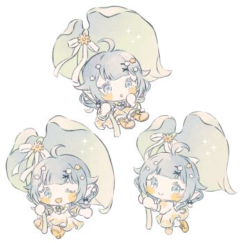 Rule 34 | 1girl, ahoge, blue eyes, blue hair, chibi, commentary request, hair ornament, highres, kokoroni nonno, leaf umbrella, merchandise available, multiple views, official art, open mouth, ryokuno green, seventh happiness, simple background, virtual youtuber, white background