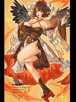 1girl :d alternate_costume bare_shoulders black_socks black_wings breasts brown_hair cleavage collarbone commentary detached_sleeves dress full_body geta hat highres holding holding_brush kourindou_tengu_costume legs long_sleeves medium_breasts medium_hair off_shoulder oftooon open_mouth pom_pom_(clothes) red_eyes shameimaru_aya smile socks solo teeth tengu-geta thighs tokin_hat touhou upper_teeth_only watermark white_dress wings